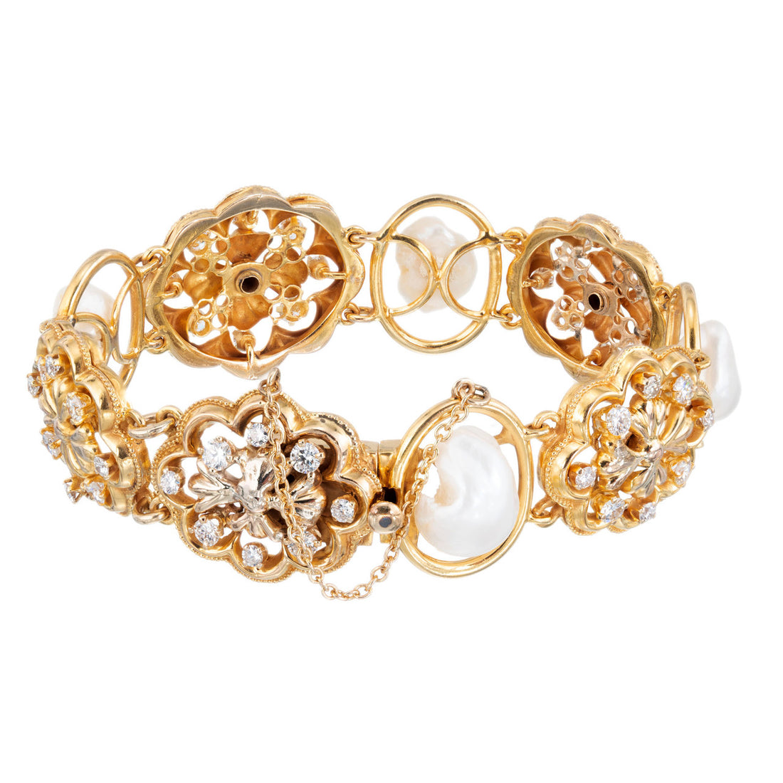 1.85 Carat Diamond Freshwater Pearl Victorian Revival Yellow Gold Bracelet – image 3