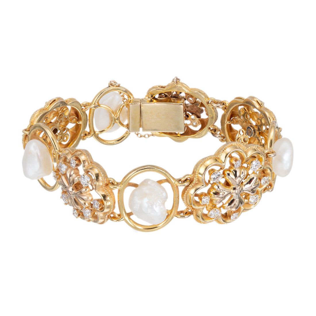 1.85 Carat Diamond Freshwater Pearl Victorian Revival Yellow Gold Bracelet – image 4