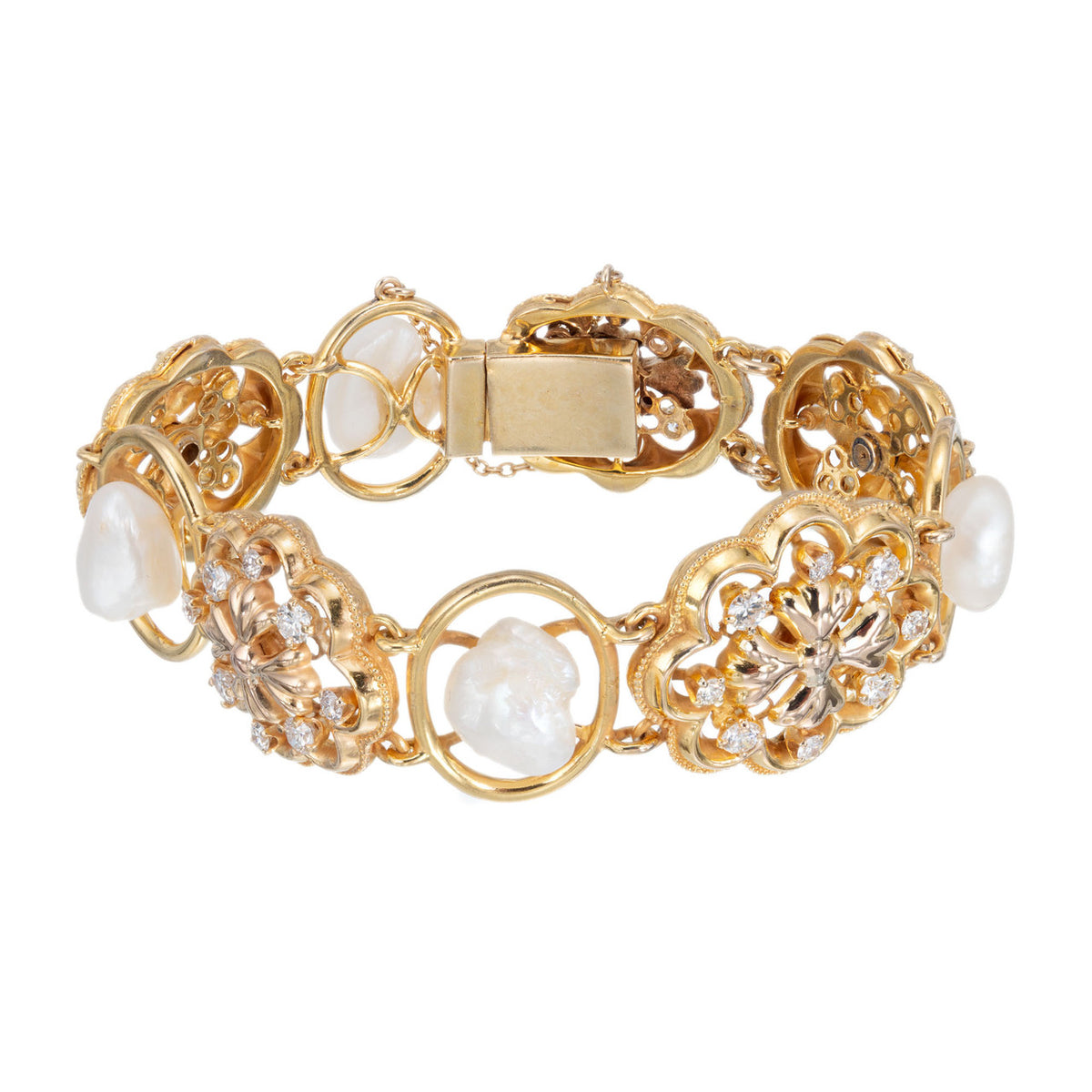 1.85 Carat Diamond Freshwater Pearl Victorian Revival Yellow Gold Bracelet – image 4