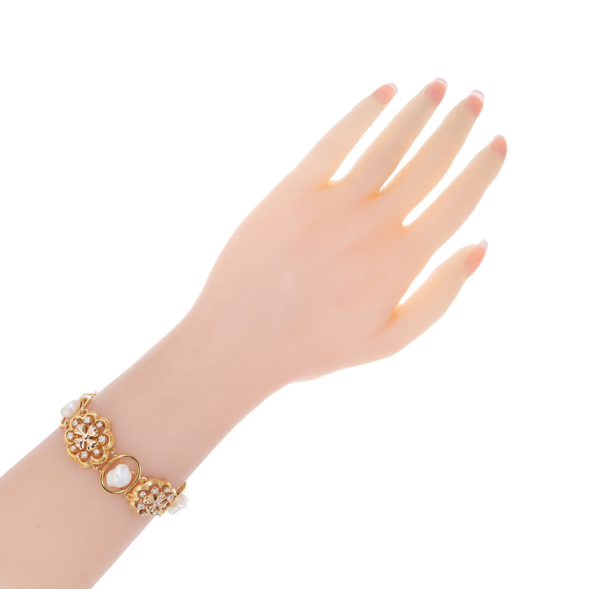 1.85 Carat Diamond Freshwater Pearl Victorian Revival Yellow Gold Bracelet – image 5
