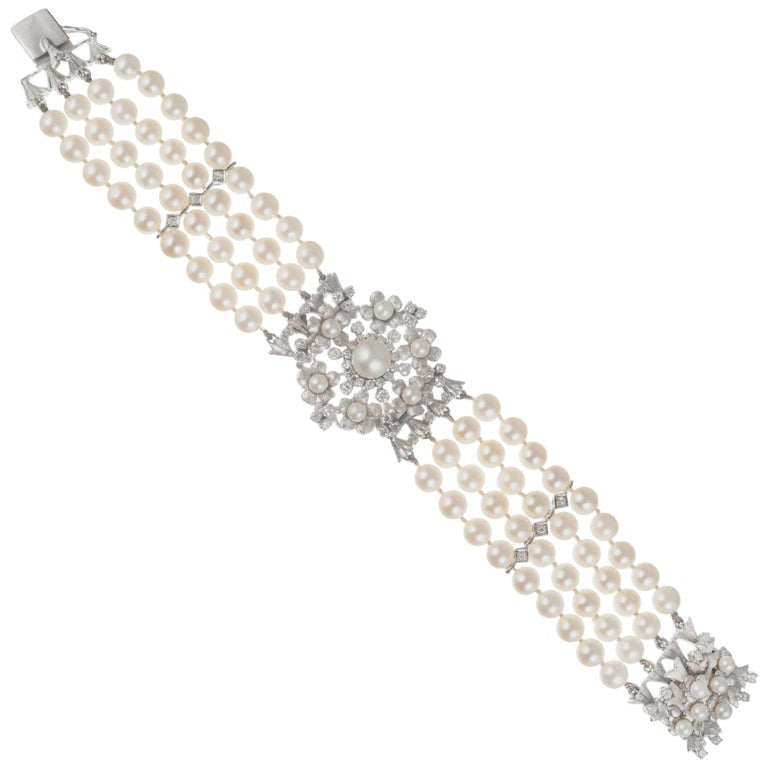 1.20 Carat Diamond Cultured Pearl White Gold Four Row Bracelet