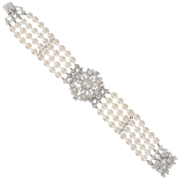 1.20 Carat Diamond Cultured Pearl White Gold Four Row Bracelet