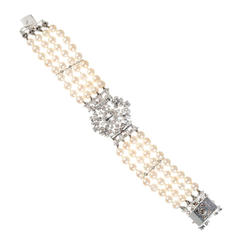 1.20 Carat Diamond Cultured Pearl White Gold Four Row Bracelet – image 2