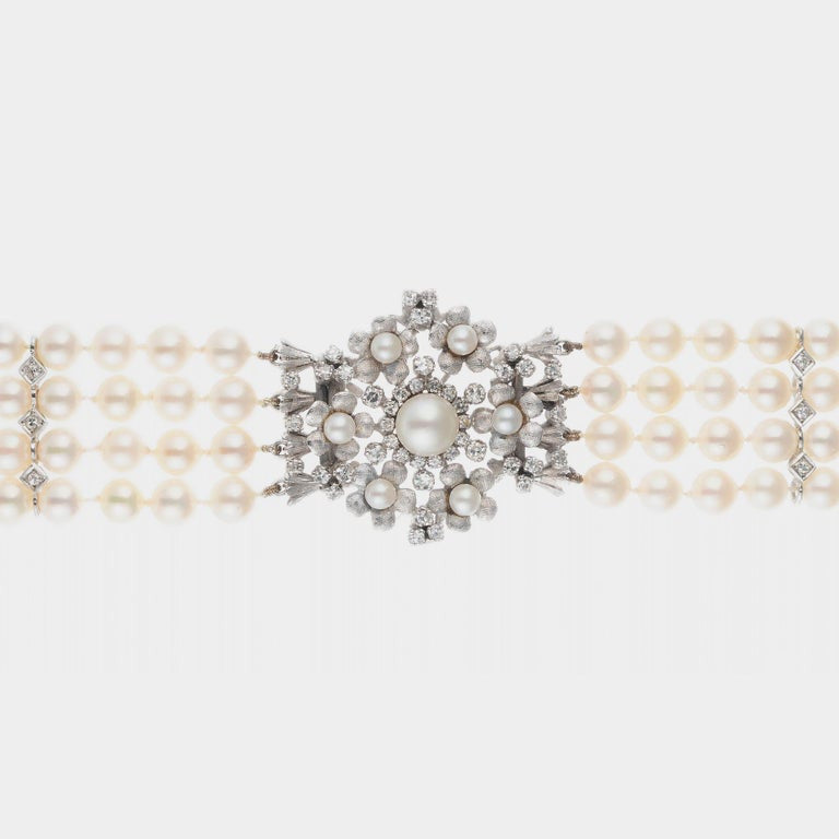 1.20 Carat Diamond Cultured Pearl White Gold Four Row Bracelet – image 3