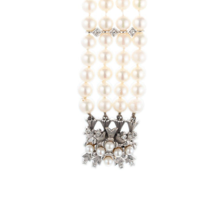 1.20 Carat Diamond Cultured Pearl White Gold Four Row Bracelet – image 4
