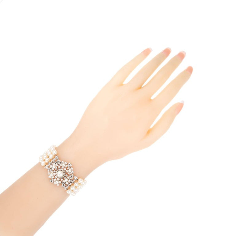 1.20 Carat Diamond Cultured Pearl White Gold Four Row Bracelet – image 6