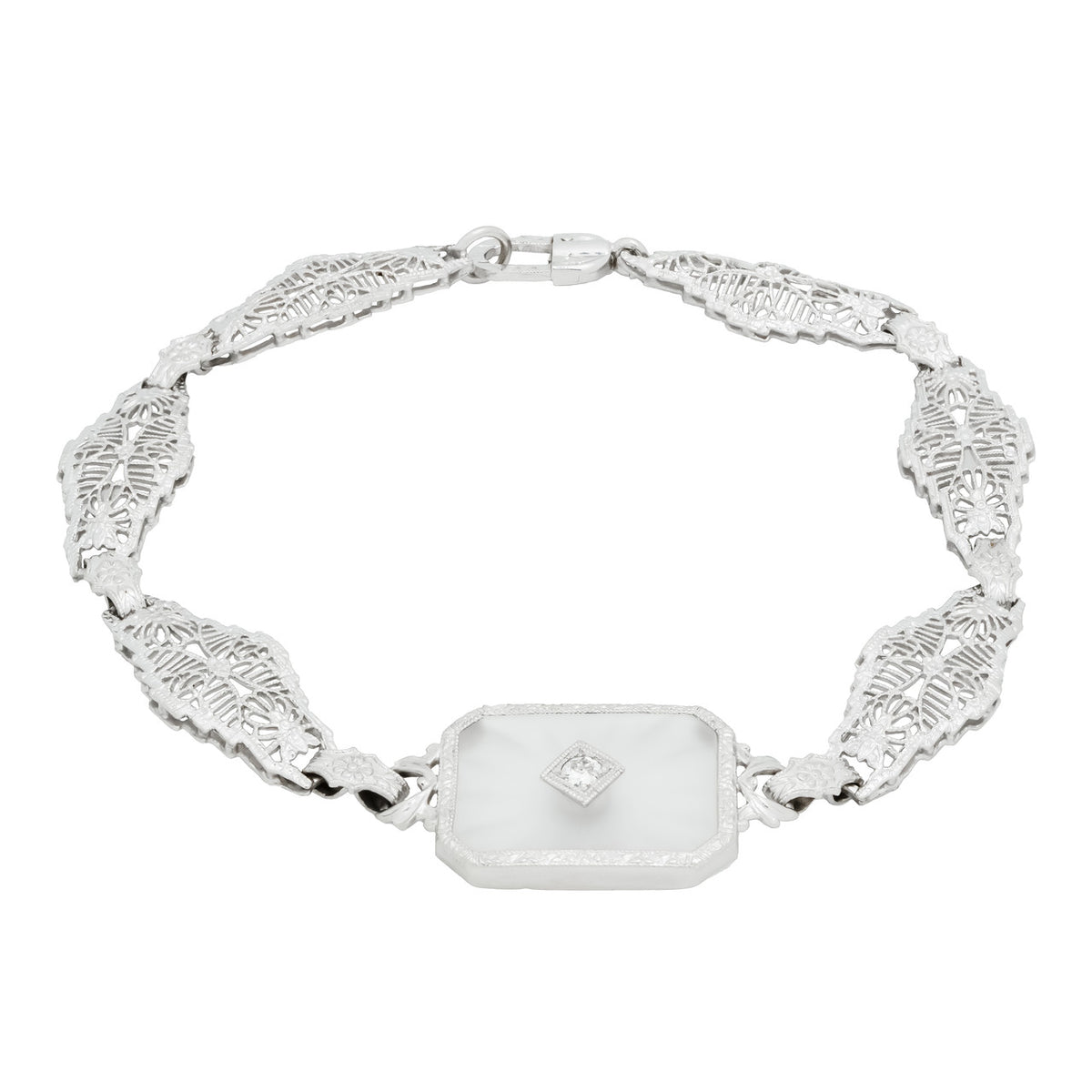 Estate 14k White Gold Pierced Filigree Link Quartz & Diamond Engraved Bracelet