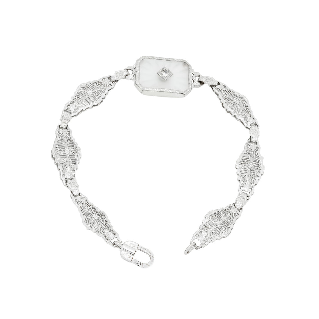 Estate 14k White Gold Pierced Filigree Link Quartz & Diamond Engraved Bracelet – image 3