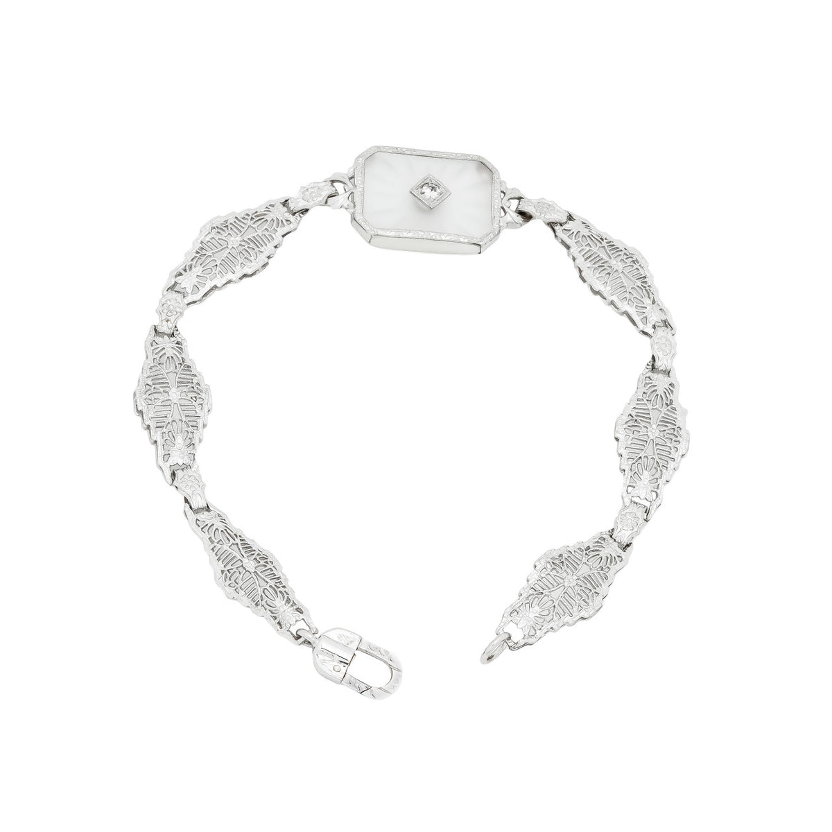 Estate 14k White Gold Pierced Filigree Link Quartz & Diamond Engraved Bracelet – image 3