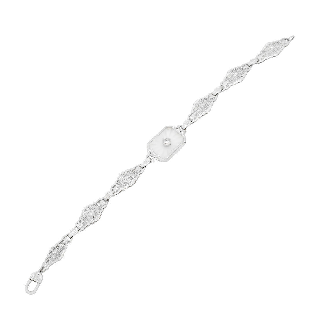 Estate 14k White Gold Pierced Filigree Link Quartz & Diamond Engraved Bracelet – image 5