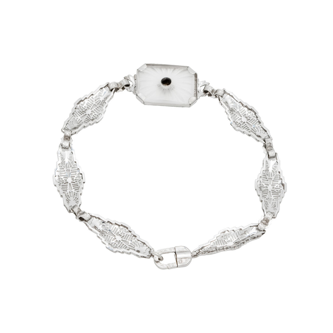 Estate 14k White Gold Pierced Filigree Link Quartz & Diamond Engraved Bracelet – image 2