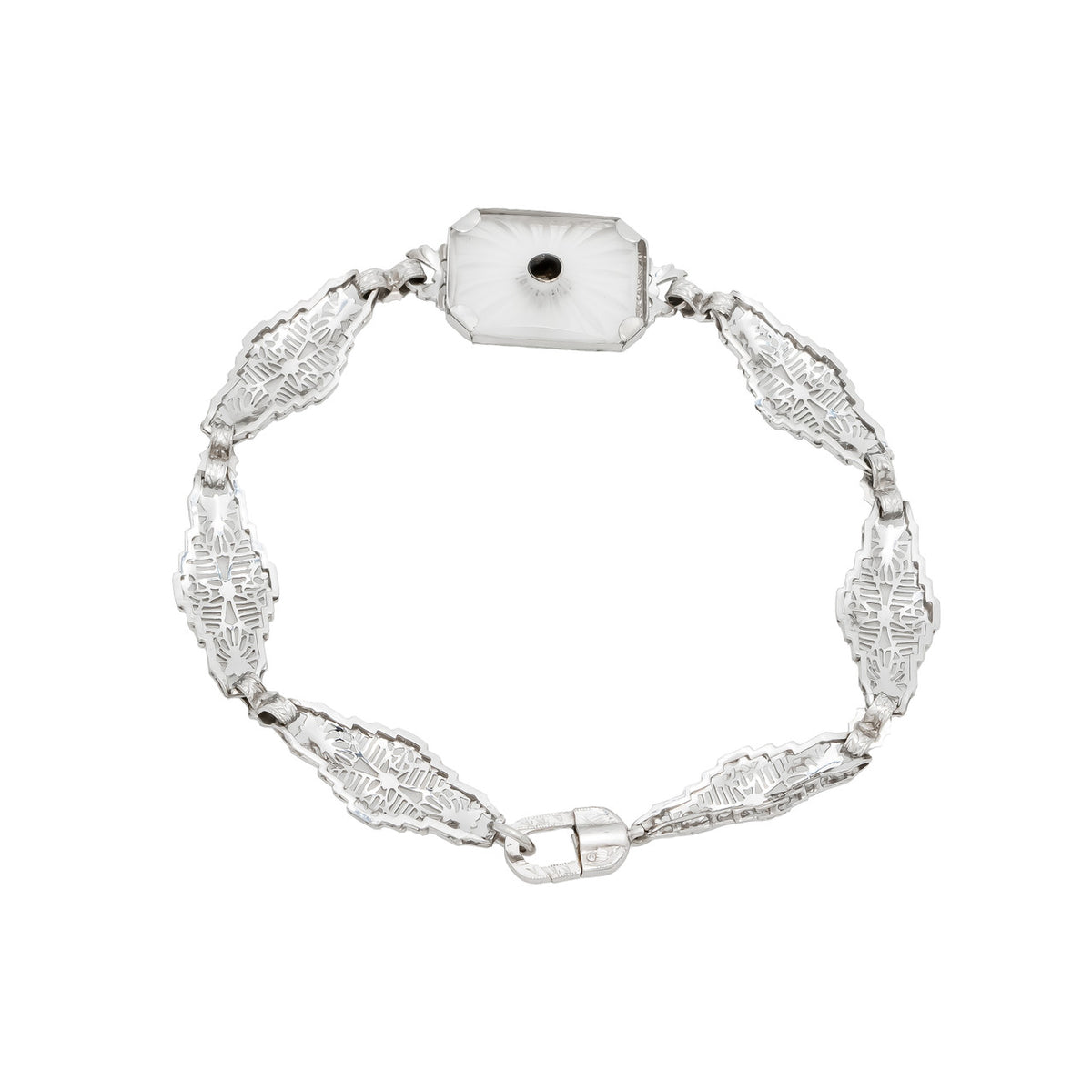 Estate 14k White Gold Pierced Filigree Link Quartz & Diamond Engraved Bracelet – image 2