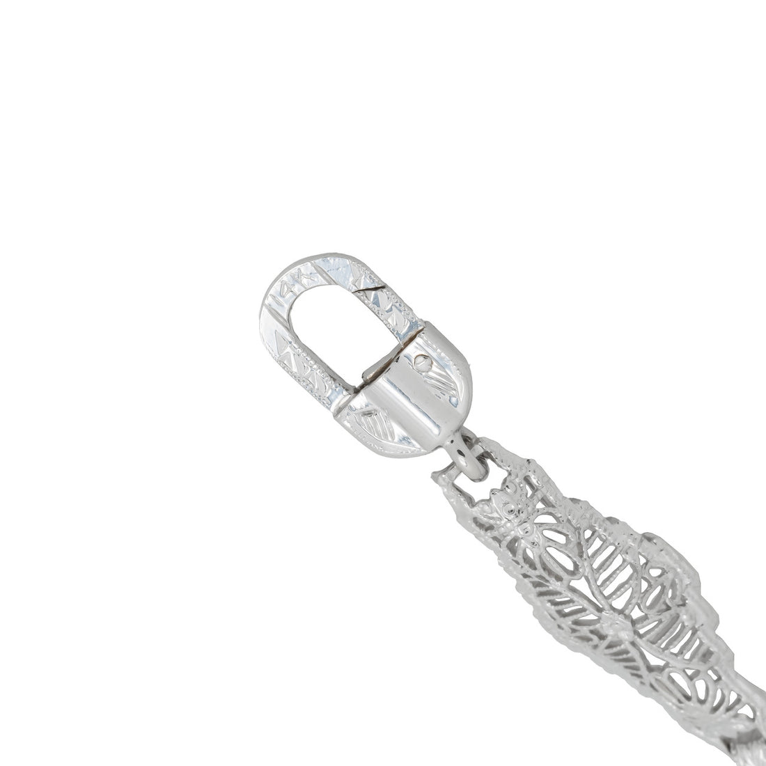 Estate 14k White Gold Pierced Filigree Link Quartz & Diamond Engraved Bracelet – image 4