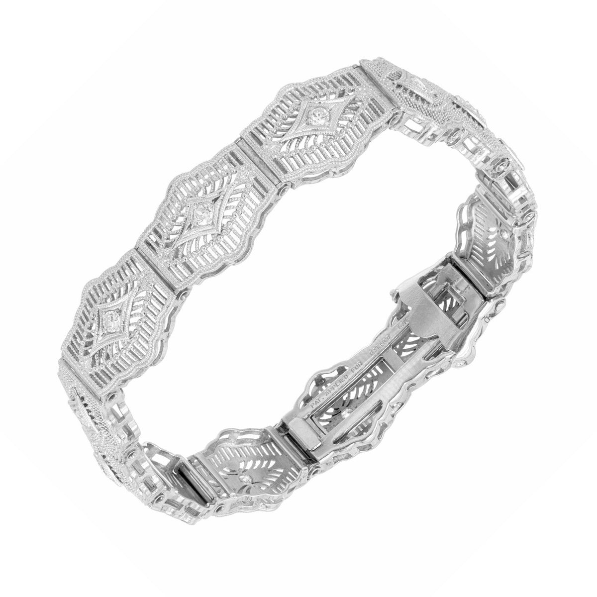 Esemco Full Cut Diamond Platinum White Gold Hinged Art Deco Filigree Bracelet