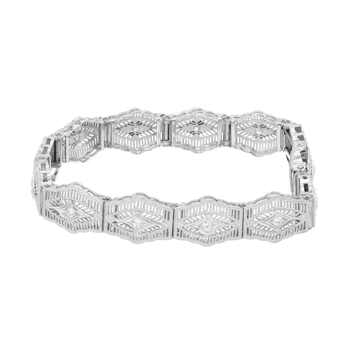 Esemco Full Cut Diamond Platinum White Gold Hinged Art Deco Filigree Bracelet – image 3