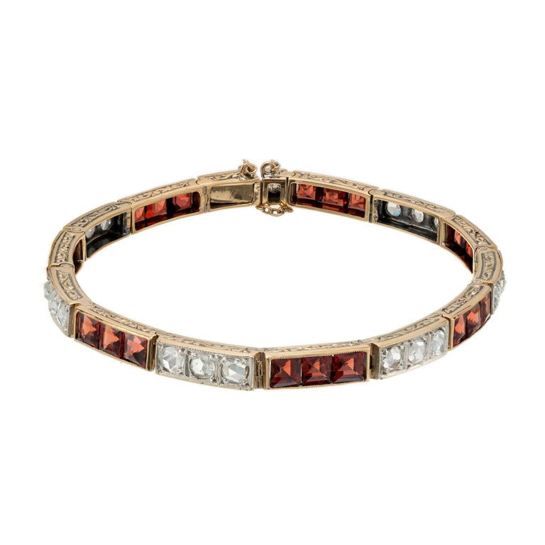 Victorian 1.30 Carat Diamond Garnet Yellow Gold Link Bracelet – image 4