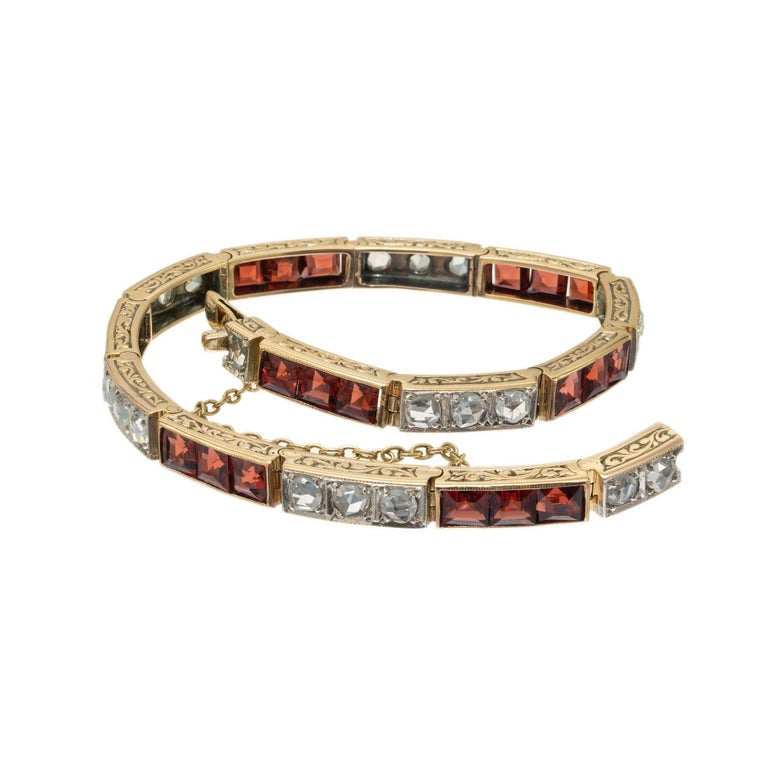Victorian 1.30 Carat Diamond Garnet Yellow Gold Link Bracelet – image 5