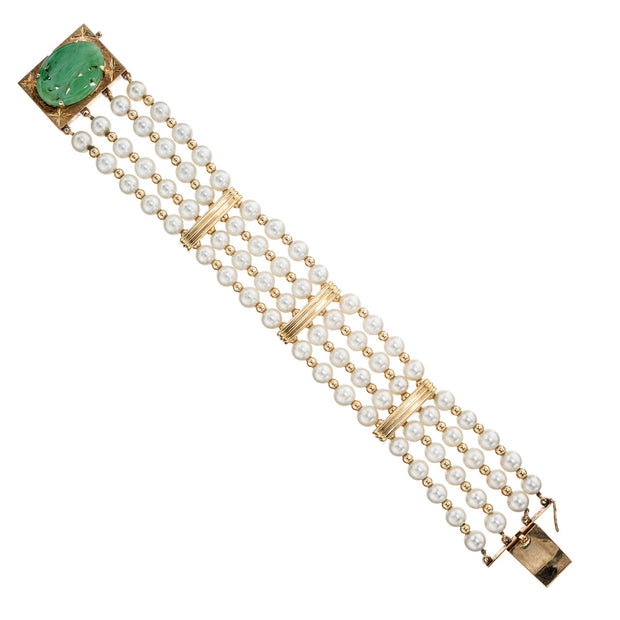 GIA Certified Cultured Pearl Natural Jade Multi-Row Gold Bracelet