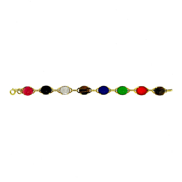 Retro Late Art Deco 1940 8 Scarab Multi Color 14k Yellow Gold Bracelet