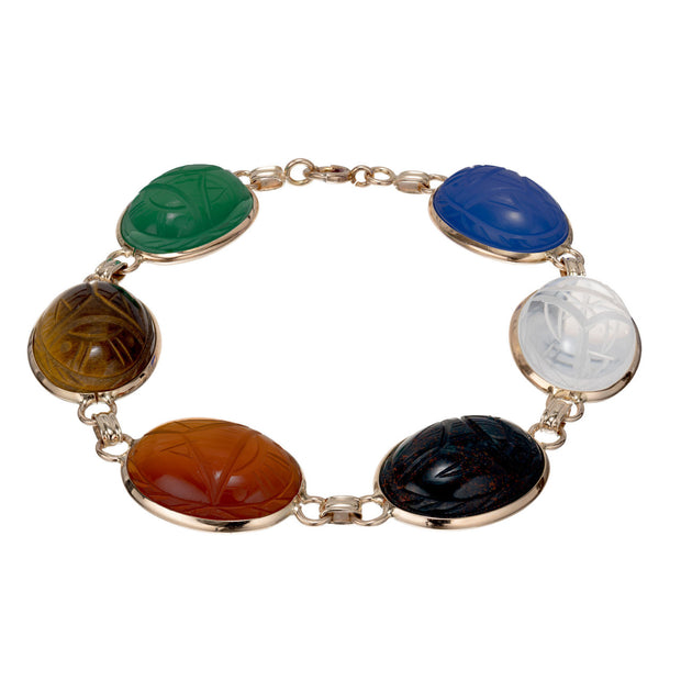 Authentic 1940 Scarab Bracelet Large Multi Color Carved Stones 14k Yellow Gold