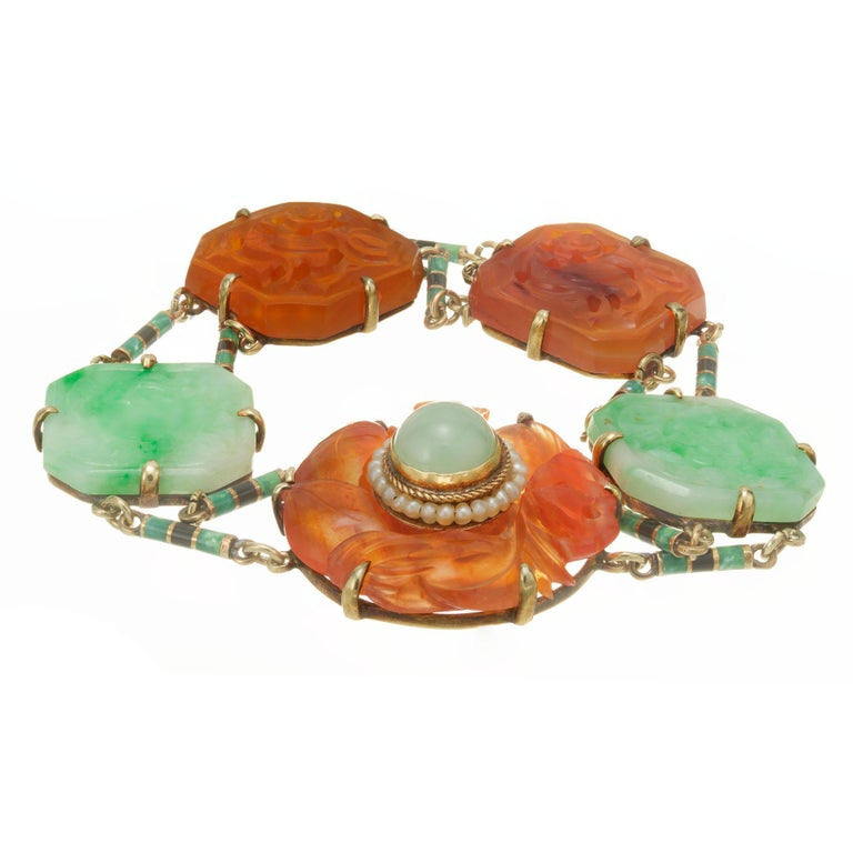 Art Deco Jadeite Jade Pearl Carnelian Gold Bracelet – image 2