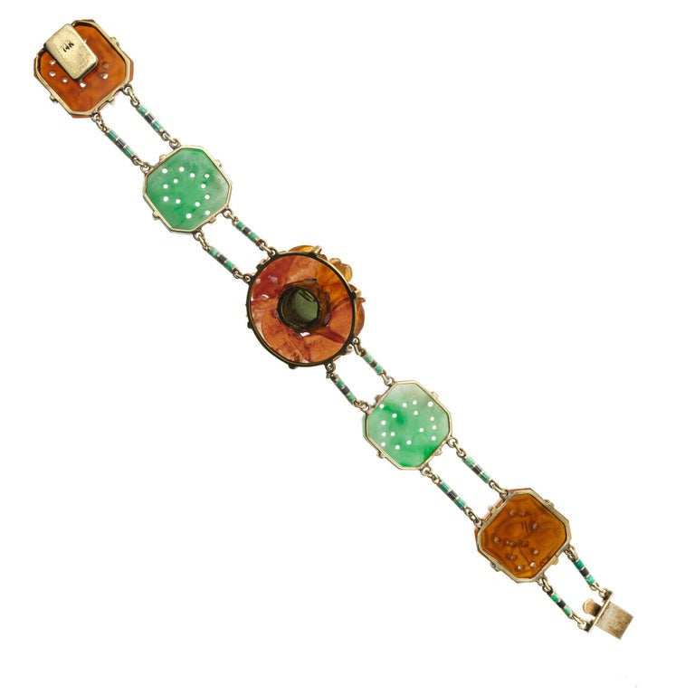 Art Deco Jadeite Jade Pearl Carnelian Gold Bracelet – image 6