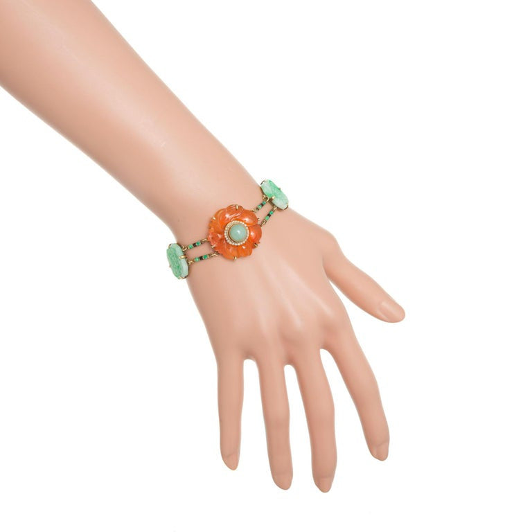Art Deco Jadeite Jade Pearl Carnelian Gold Bracelet – image 4
