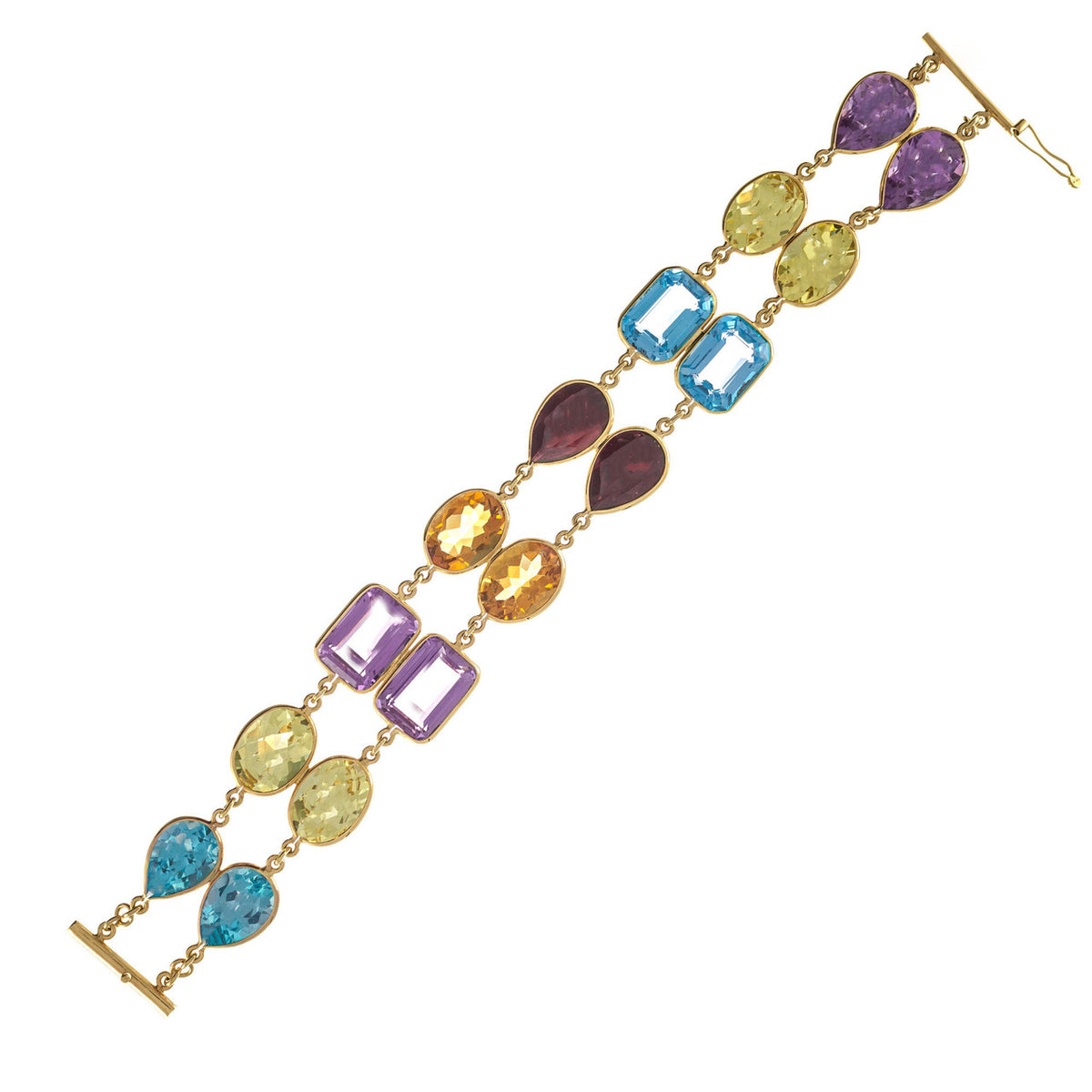 77.00 Carat Amethyst Topaz Garnet Quartz Citrine Two-Row Gold Bracelet