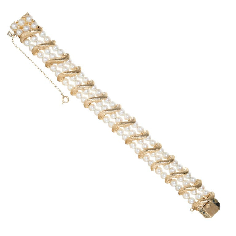 Lucien Piccard Cultured Pearl Yellow Gold Three Row Bracelet – image 2