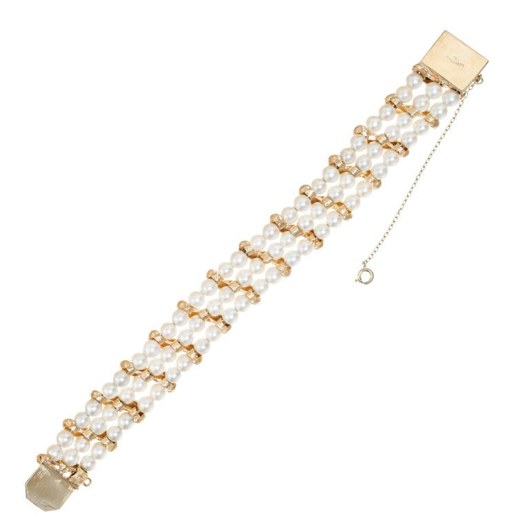 Lucien Piccard Cultured Pearl Yellow Gold Three Row Bracelet – image 3