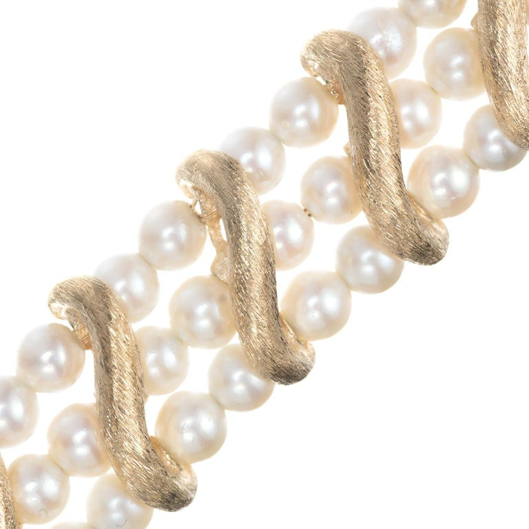 Lucien Piccard Cultured Pearl Yellow Gold Three Row Bracelet – image 4