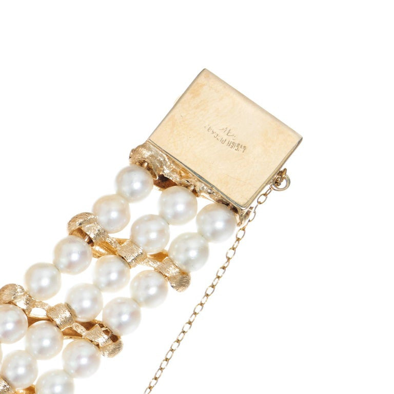 Lucien Piccard Cultured Pearl Yellow Gold Three Row Bracelet – image 5