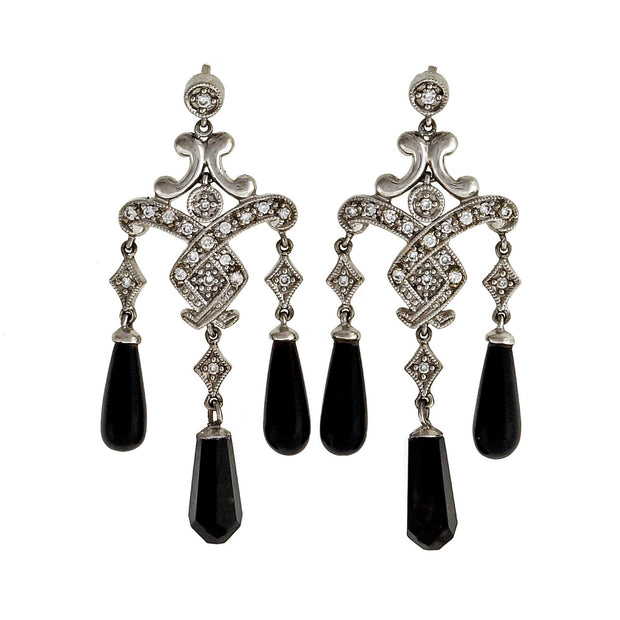 Estate 1950 – 1960 .30ct Diamond Onyx 14k White Gold Dangle Earrings