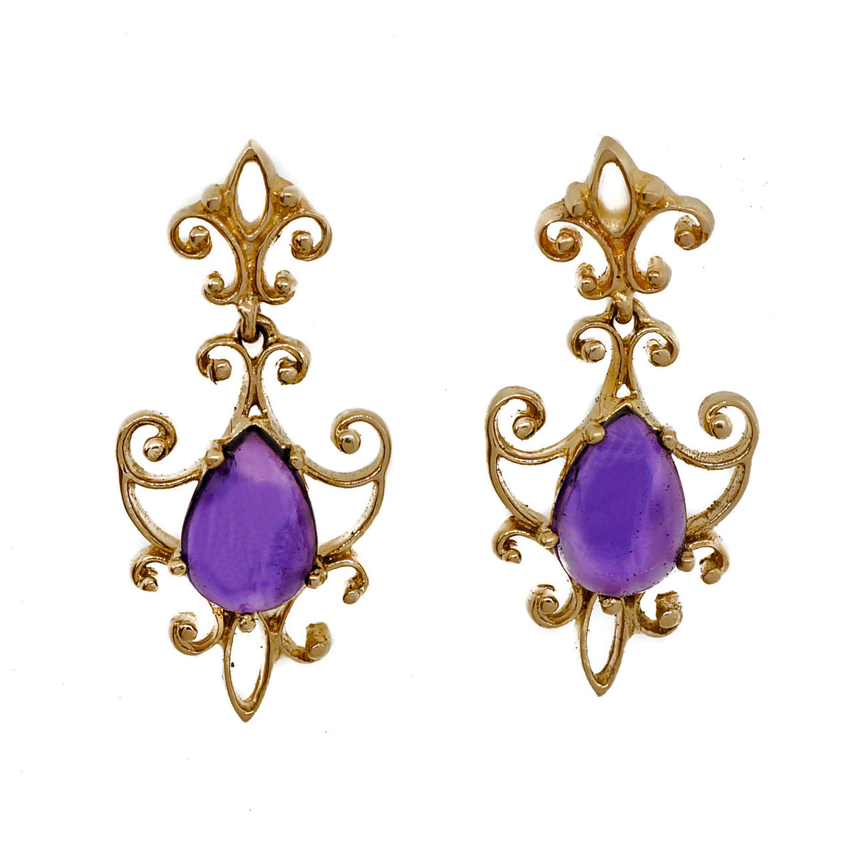 Vintage 1940 14k Yellow Gold 3.30ct Cabochon Pear Amethyst Dangle Earrings