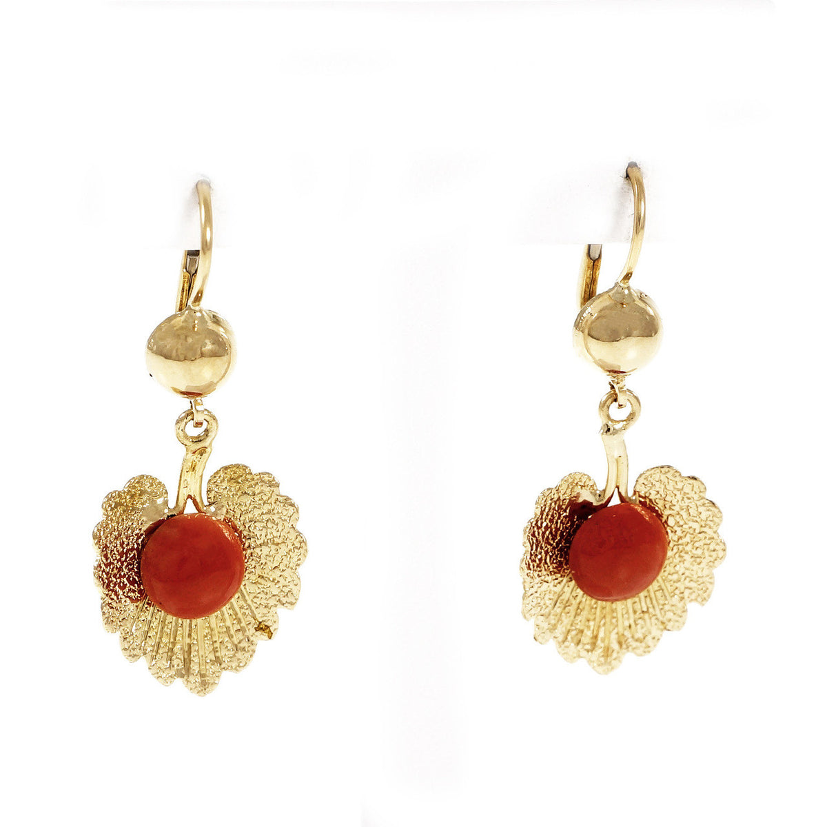 Vintage 1950 Natural GIA Orange Red Coral Dangle Earrings 18k Yellow Gold