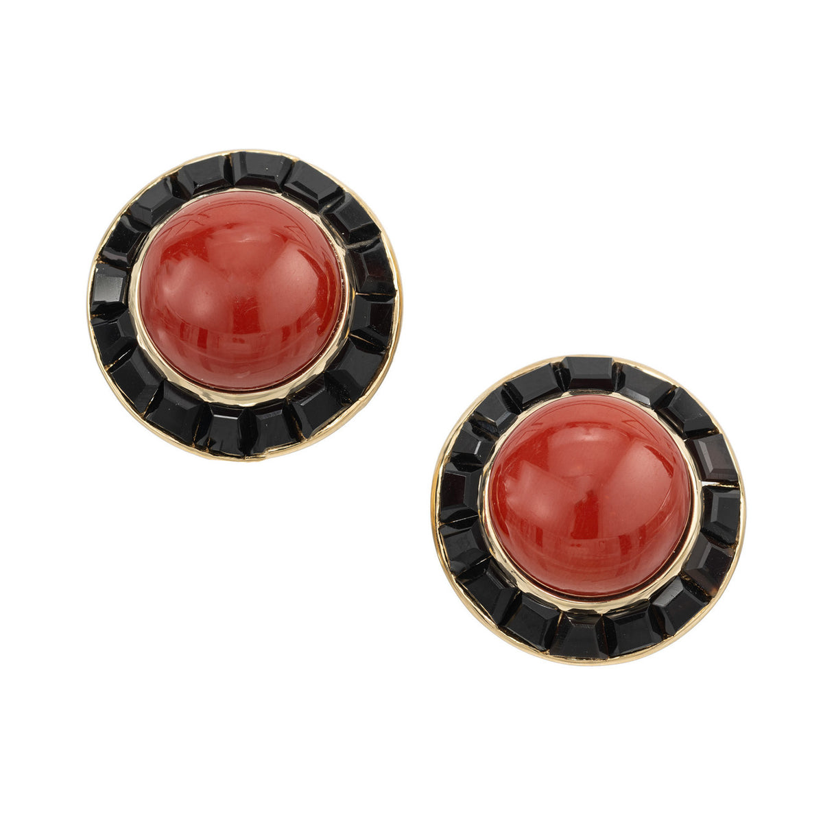 Retro 1950 Untreated Red Coral Black Onyx Certified 18k Yellow Gold Earrings