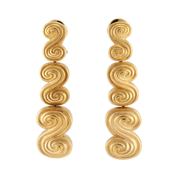 Tiffany & Co. Louis Comfort Three-Section Long Swirl Gold Dangle Earrings