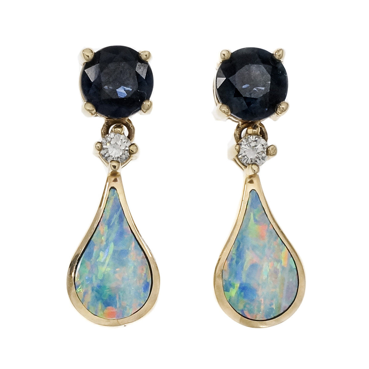 Kabana Opal Sapphire Dangle Earrings 14k Yellow Gold