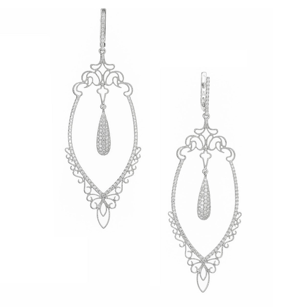 GB .96 Carat Diamond White Gold Long Dangle Chandelier Earrings