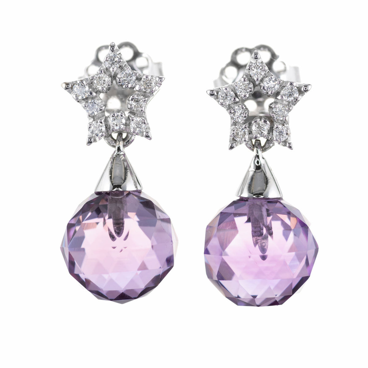 4.00 Carat Purple Briolette Amethyst Diamond White Gold Dangle Earrings