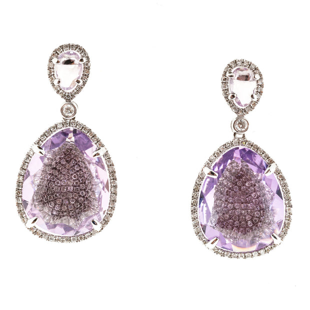 Amethyst Micro Pave Diamond Halo Gold Dangle Earrings