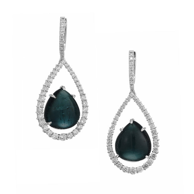Peter Suchy 15.84 Carat Blue Cabochon Tourmaline Diamond Gold Dangle Earrings