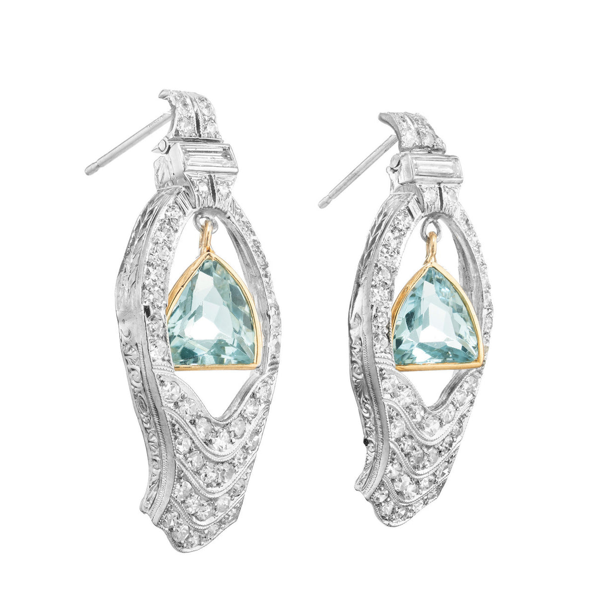 Shield Cut Aquamarine Diamond Gold Platinum Art Deco Dangle Earrings – image 2