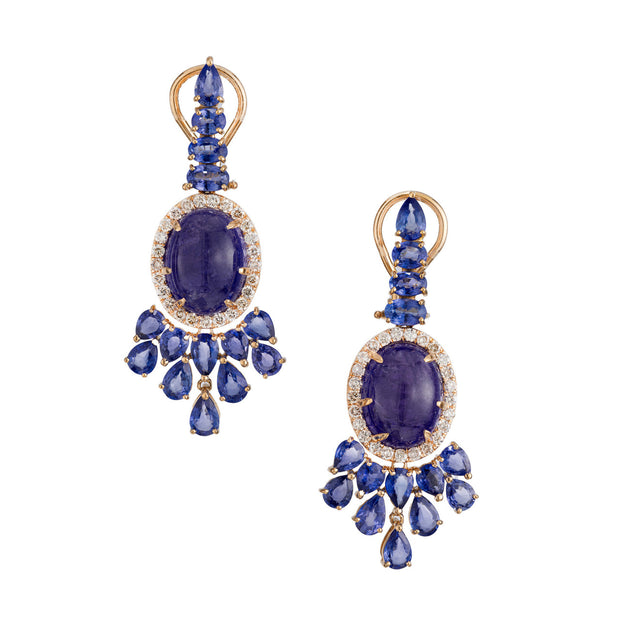 12.00 Carat Tanzanite Sapphire Diamond Yellow Gold Dangle Drop Earrings