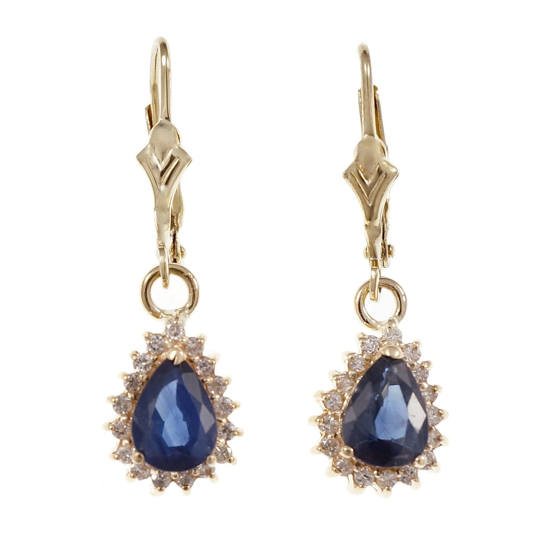 Estate Pear Sapphire Diamond Halo Dangle Earrings 14k Yellow Gold – image 2