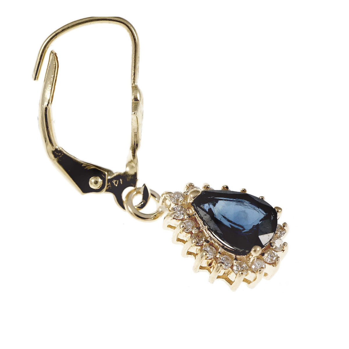 Estate Pear Sapphire Diamond Halo Dangle Earrings 14k Yellow Gold – image 3