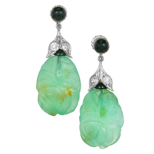 Art Deco Chalcedony Black Onyx Diamond Gold Dangle Earrings