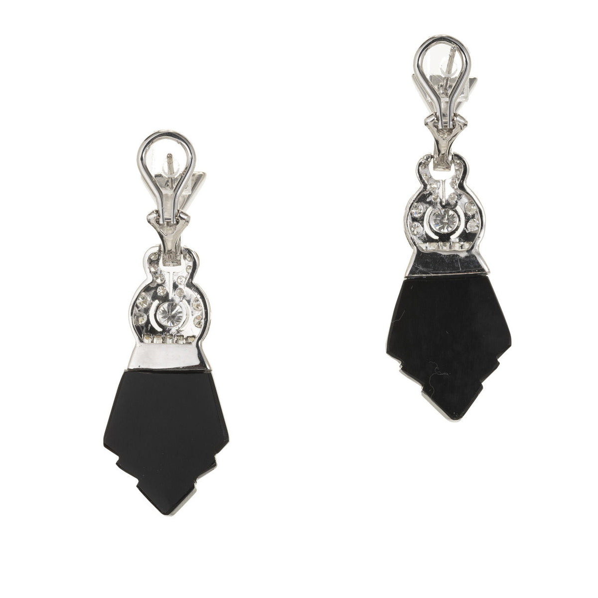 Vintage Deco Onyx Diamond Dangle Earrings Platinum White Gold – image 2