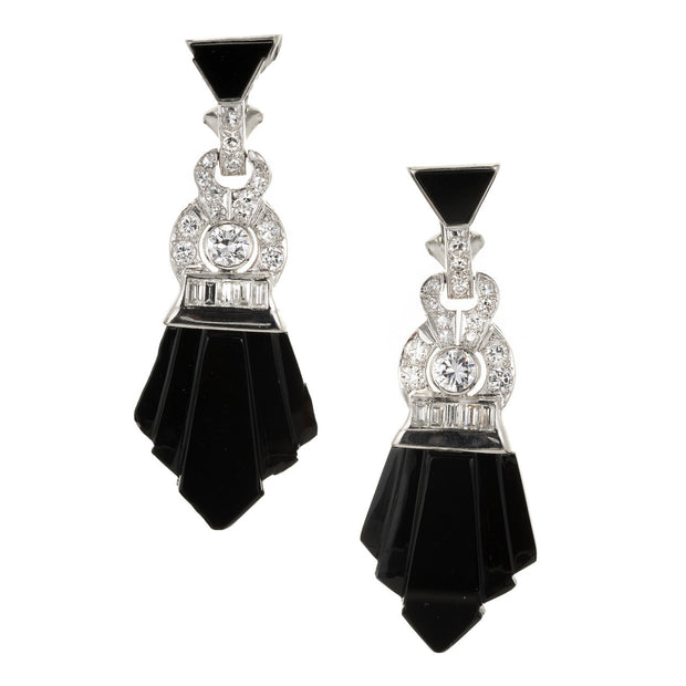 Vintage Deco Onyx Diamond Dangle Earrings Platinum White Gold