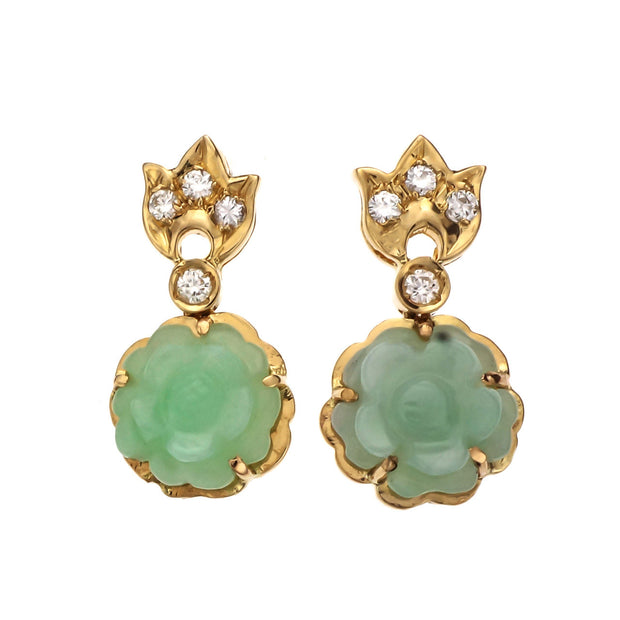 Natural Light Green Carved Jadeite Jade Flower Earrings 14k Diamond